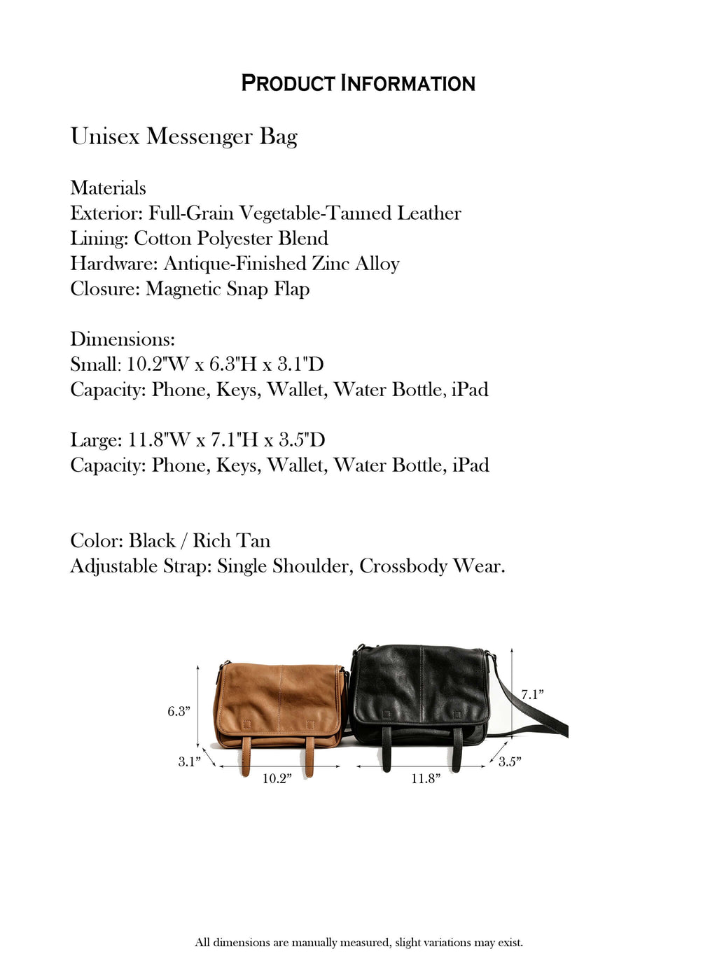 10.2"/11.8" Unisex Messenger Bag in Full-Grain Leather