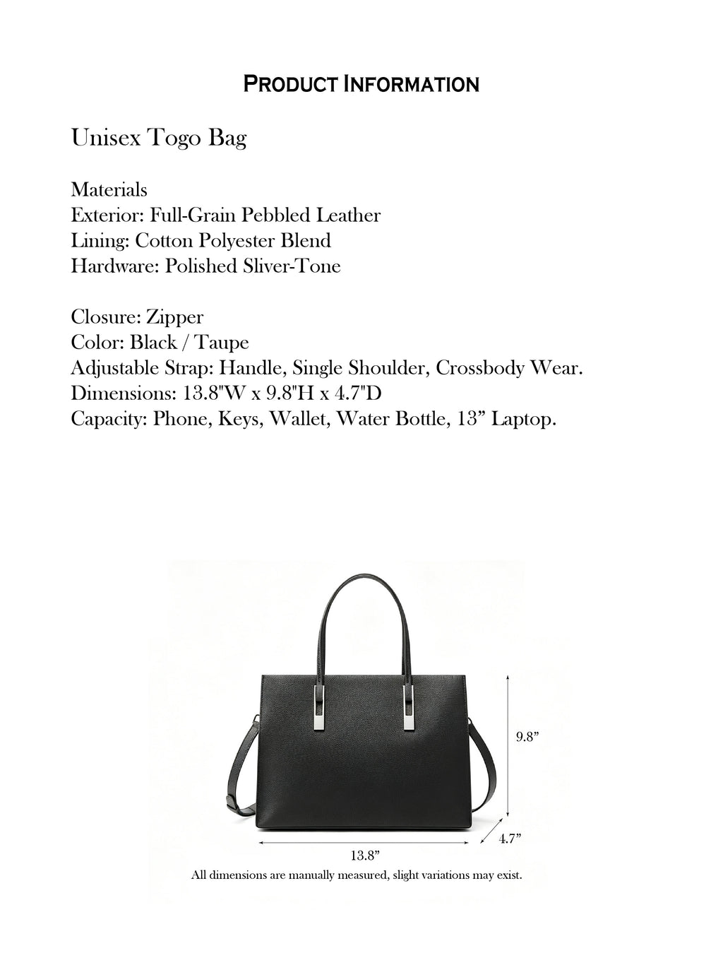 13.8” Unisex Togo Bag in Full-Grain Leather
