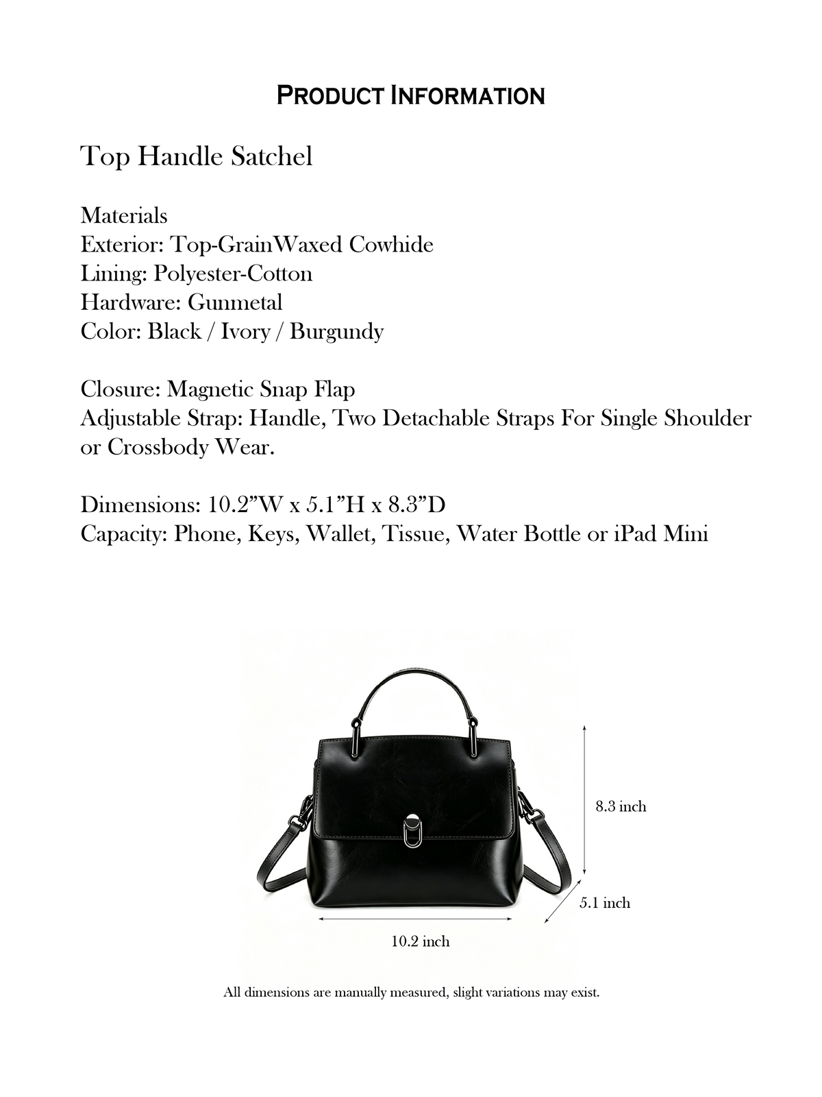 10.2" Handle Satchel in Top-Grain Leather